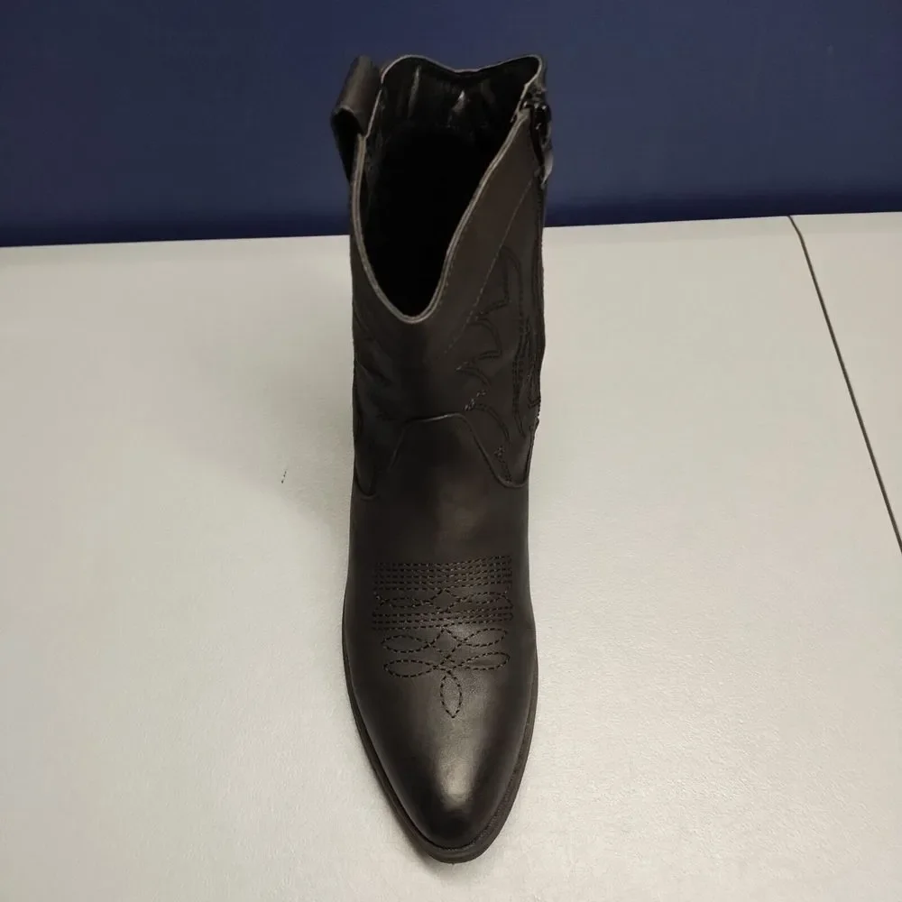 PEPPEP Western Ankle Boots‎ Womens Size 8 Black Leather Side Zipper Block Heel